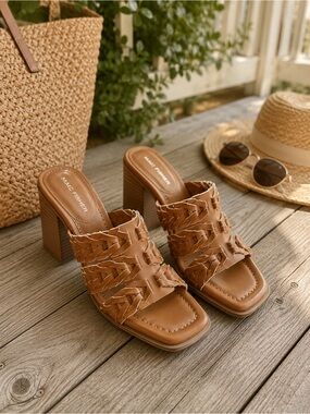 Marc Fisher Woven Block Heel Sandals 6.5 Brown Square Toe Mules